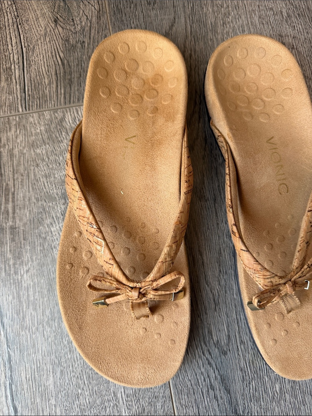 Vionic Tan Bow Thong Sandals with Gold Bead Accents - Picture 8 of 8